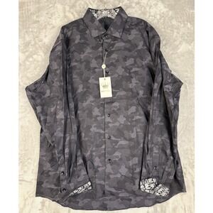 Y2K Bertigo Men's Camo Star‎ Print Button Down Long Sleeve Shirt Gray